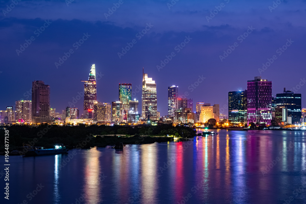 Obraz premium Night colorful cityscape of District 1 of Ho Chi Minh City