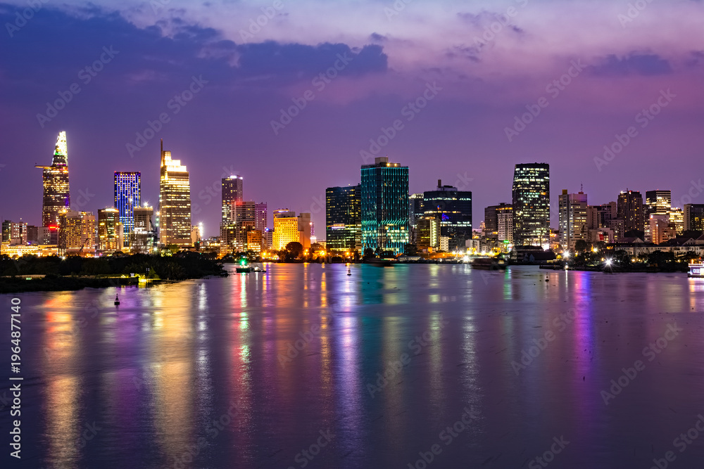 Fototapeta premium Night colorful cityscape of District 1 of Ho Chi Minh City