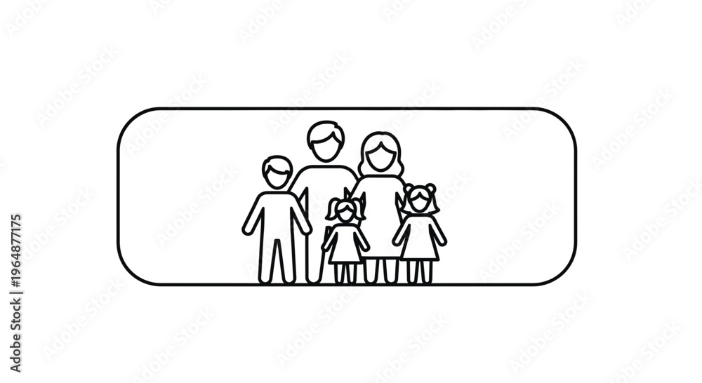 Fototapeta premium Modern minimalist line art illustration of a five-person family unit inside a sleek rounded