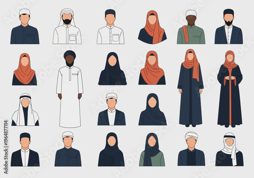 Diverse Collection of Muslim People Avatars and Characters in Modern and Traditional Islamic Clothing - Flat Vector Illustration
