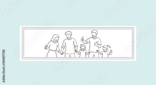 Joyful family portrait in minimalist line art style expressing approval and togetherness