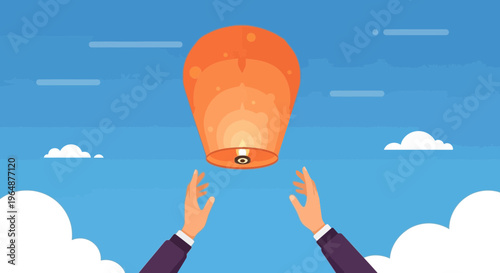 Man holding a glowing lantern high.