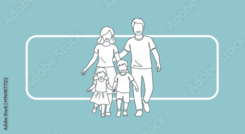Joyful family of four walking together in simple line art on a pleasant blue backdrop illustration