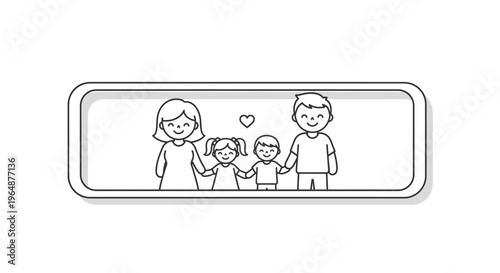 Adorable outline illustration of a loving family of four, mother, father, daughter, and son,