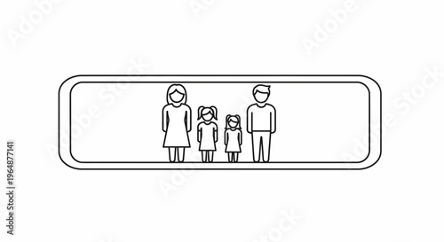 Minimalist line icon of a traditional family, mother, father, and two daughters, within a sleek