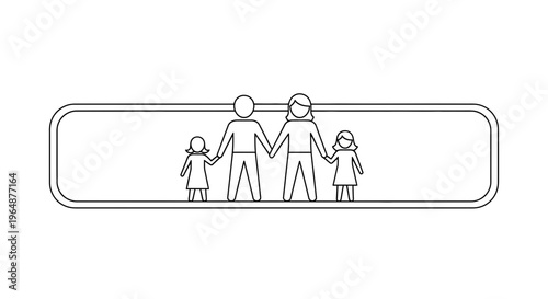 Outline illustration of a happy family unit with two parents and two children holding hands inside