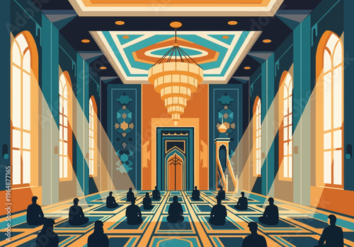 Flat Illustration of People Praying Inside a Modern Mosque with Sunlight Rays, Ramadan Kareem and Islamic Religious Gathering Concept