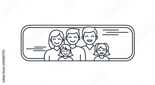 Minimalist line art illustration of a happy smiling family inside a rounded frame
