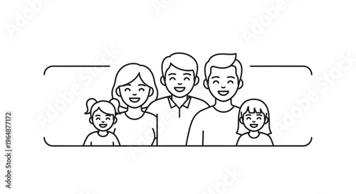 Happy family of five smiling cheerfully in a minimalist line art illustration symbolizing