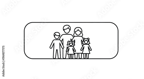 Modern minimalist line art illustration of a five-person family unit inside a sleek rounded
