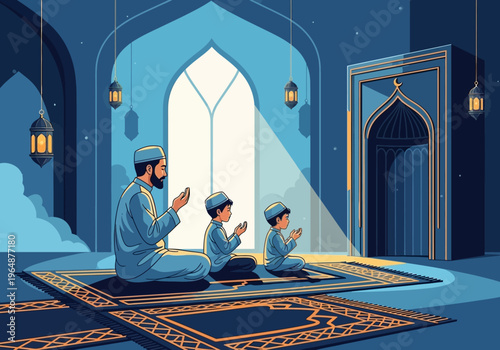 Muslim Father and Sons Praying Together in Mosque with Lanterns, Islamic Family Spirituality and Devotion Illustration for Ramadan or Eid