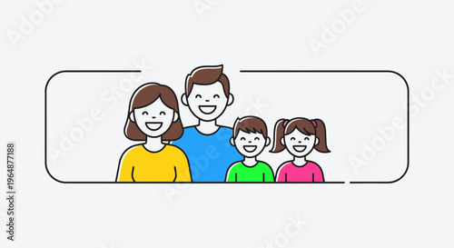 Vibrant illustration of a cheerful family unit featuring smiling parents and their happy children