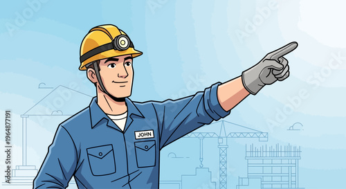 Man wearing blue work uniform pointing.