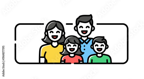 Joyful family connection portrait icon illustrating a happy mom, dad, and two children smiling