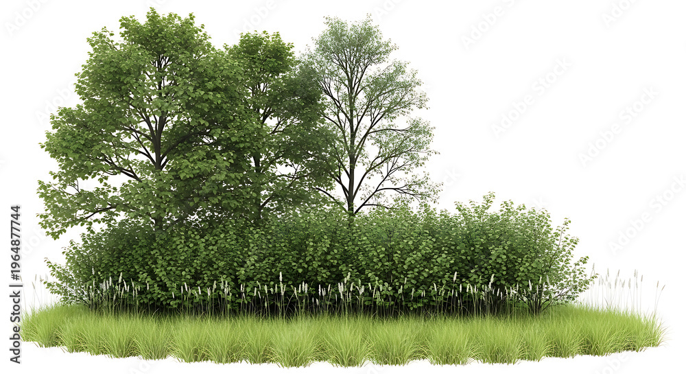 Fototapeta premium Realistic illustration of a dense cluster of various green trees and bushes isolated on a white background with clipping path