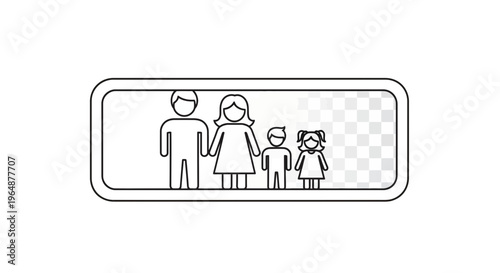 Minimalist outline illustration of a nuclear family with father, mother, son, and daughter