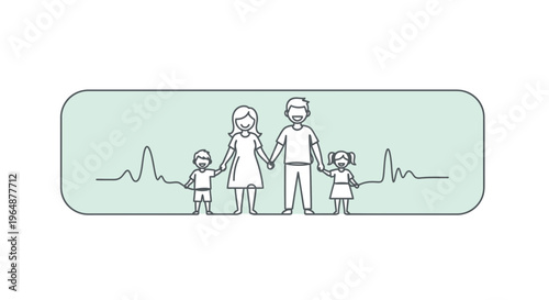 Outline illustration of a nuclear family holding hands with an active heart rate line symbolizing
