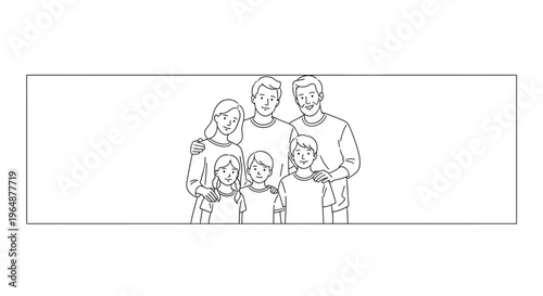 A heartwarming line art illustration showcasing a happy large family portrait with parents and