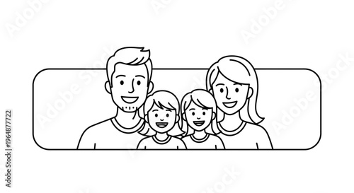 Joyful cartoon family portrait featuring parents and two young daughters in a minimalist line art