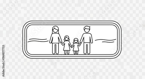 A stylized outline illustration of a nuclear family unit standing together, showcasing unity and