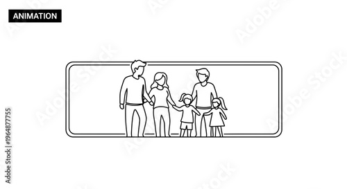 Minimalist line art illustration depicting a united family group within a clear frame, symbolizing
