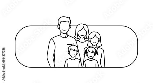 Outline illustration of a modern happy family with two parents and three children representing
