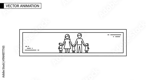 Clean line vector graphic showcasing a complete family unit with parents and four children