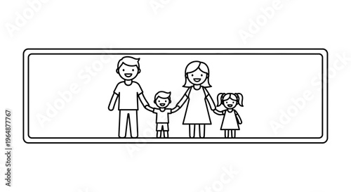 Charming minimalist line art illustration depicting a joyful family unit holding hands within a