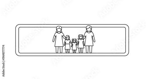 Minimalist line art depicting a joyful family unit featuring two mothers and their three children