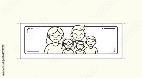 Joyful Modern Line Art Family Portrait with Parents and Three Children Smiling in a Minimalist Style