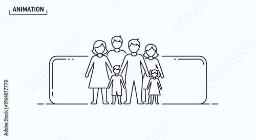 Minimalist outline illustration of a diverse family group standing together, emphasizing unity and