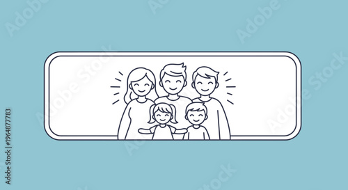 A heartwarming line art illustration depicting a happy smiling family unit enjoying togetherness