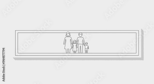 Simple outline depiction of a modern family, parents and children, within a clean rectangular frame