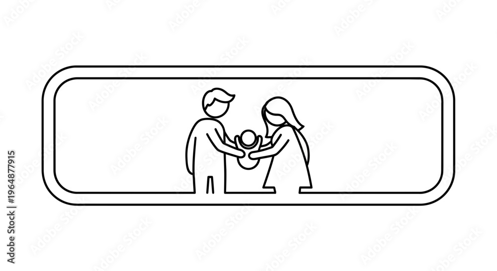 Fototapeta premium Minimalist outline illustration of parents holding their precious baby together with care
