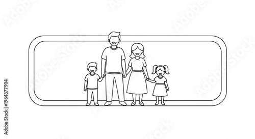 A heartwarming simple line art illustration depicting a joyful family unit standing together in a