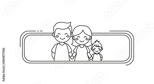 Charming outline illustration of a joyful family unit holding hands, enclosed within a decorative