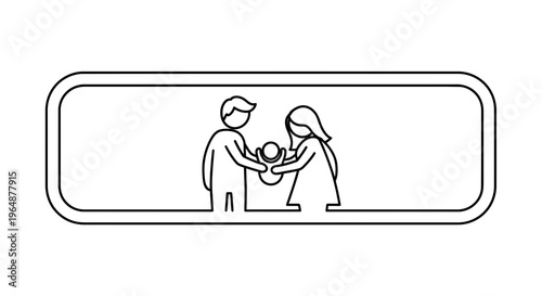 Minimalist outline illustration of parents holding their precious baby together with care