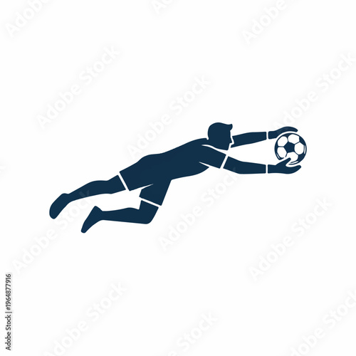 Minimalist silhouette of a goalkeeper diving to catch a soccer ball. Dramatic action captured in simple, clean solid color blocks. The goalkeeper is in navy blue, the ball is white with black