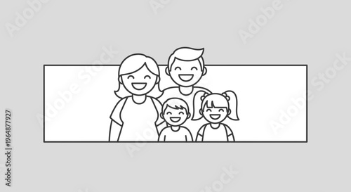 Joyful cartoon family portrait featuring parents and two happy children smiling broadly together