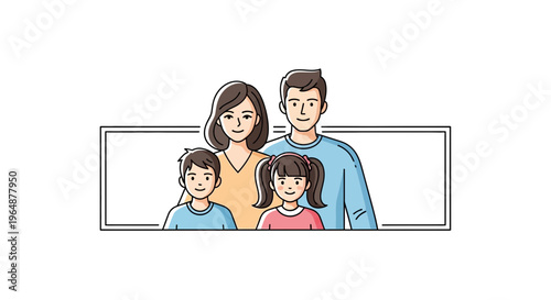 A cheerful minimalist illustration showcasing a loving nuclear family with parents and two happy