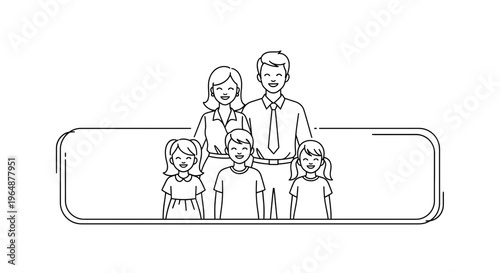 Minimalist outline of a smiling five-person family above a clear rectangular design element