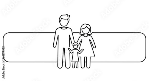 Minimalist line art illustration of a happy family unit with parents and child in front of a blank