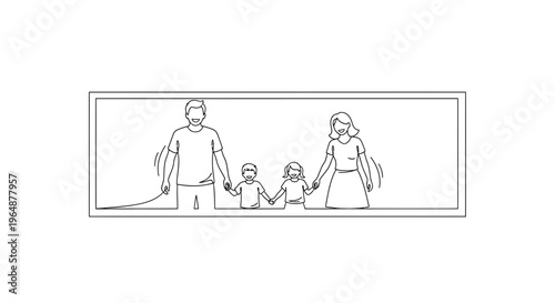 Unified family portrait in simple continuous line art style depicting happiness and parental love