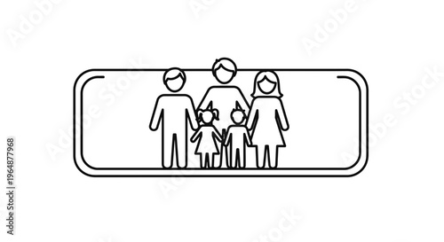 Outline illustration of a nuclear family unit standing together inside a clean rectangular frame