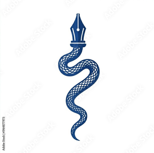 Vector illustration of a fountain pen nib and a coiled snake body, symbolizing the power of writing and medicine, knowledge, or creative healing. A clean, blue flat design on white background.