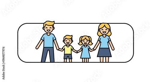 A charming flat design illustration depicting a joyful nuclear family holding hands together