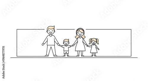 Joyful four-member family holding hands, illustrating togetherness and parental care in a