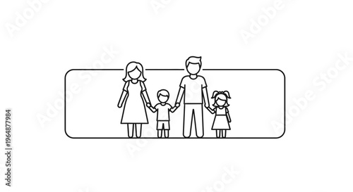 A minimalist outline illustration of a nuclear family standing united, holding hands with children