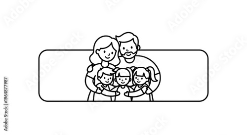 A heartwarming black and white line art illustration depicting a happy family of five embracing in
