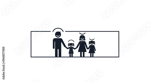 Minimalist graphic portraying a happy diverse family unit with parents and two children holding